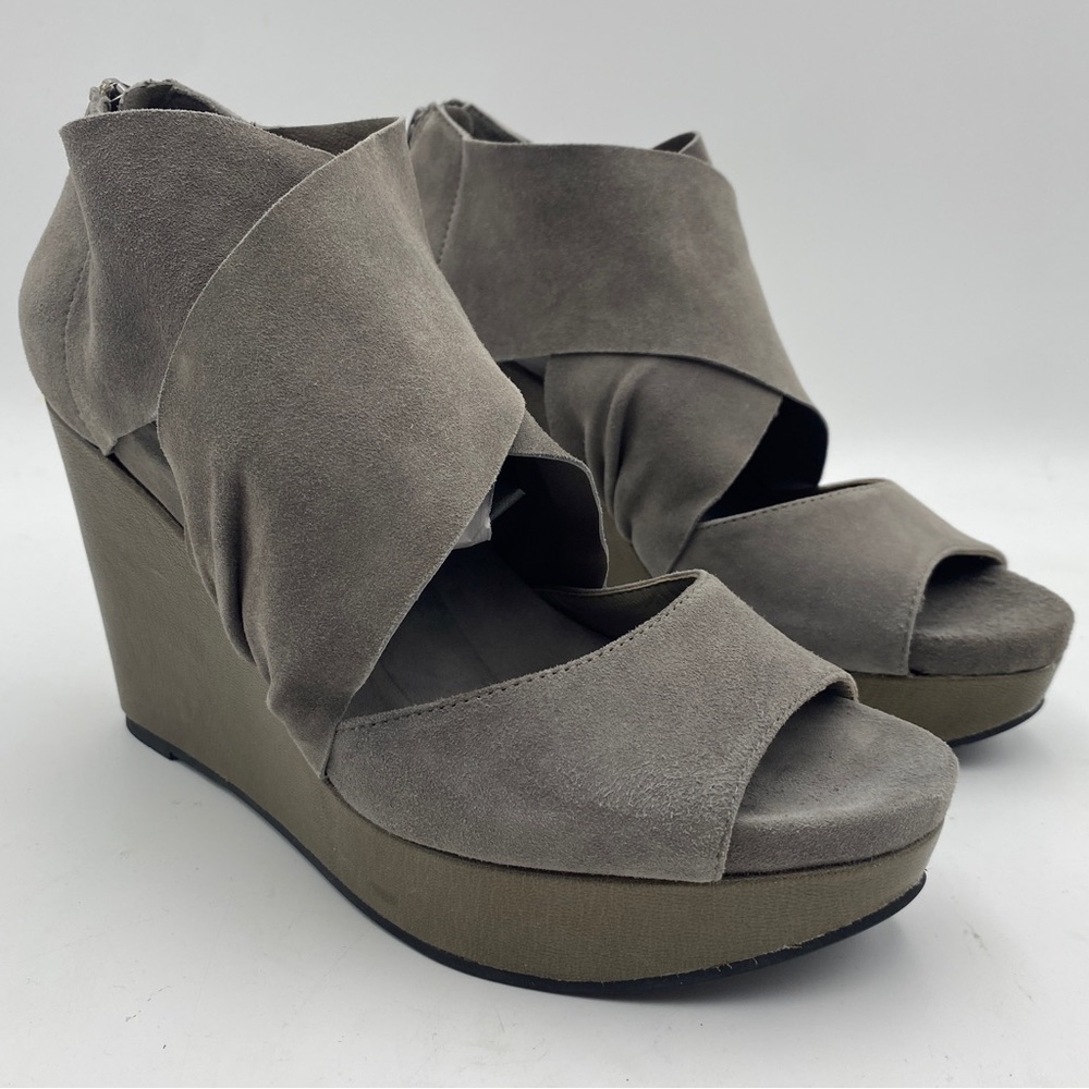 Eileen Fisher 4" Wedges 8.5 Grey Draped Nubuck Suede Wrap Sandals Open Toe